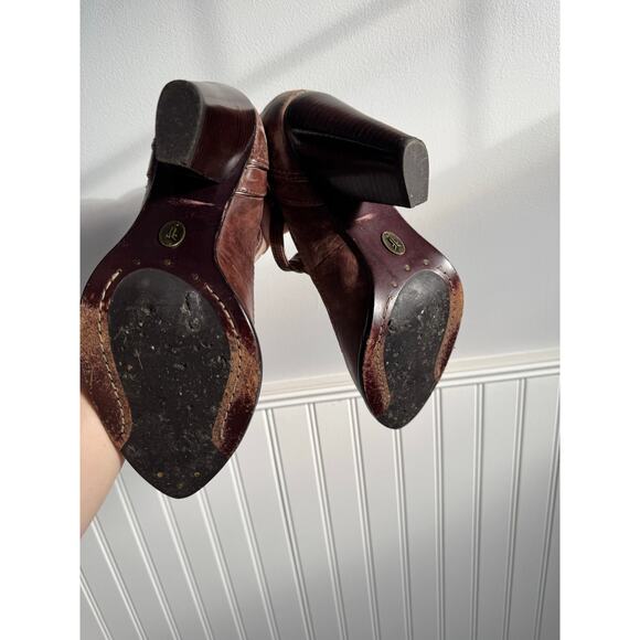 FRYE Brown Leather High Block Heel Betty T-Strap Pumps Vintage Style Size 8.5 - Picture 2 of 8